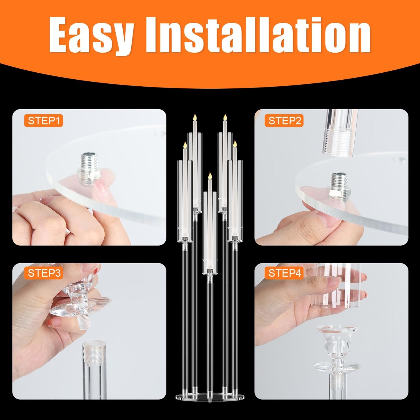 4 Pack Acrylic Candelabra Centerpieces, 5 Arm Clear Candlestick Holder with Acrylic Shade, 3 Height Adjustable Taper Candle Holder for LED Candles (Diameter ≤0.86”), Wedding Table Decoration 8pcs