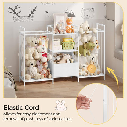 MAHANCRIS Stuffed Animal Storage, Large Stuffed Animal Net with Kids Bookshelf and Toy Storage, Double-Sided Plush Toy Holder with Movable Fabric Box for Kids Room, Playroom, Nursery, White TBWT17101