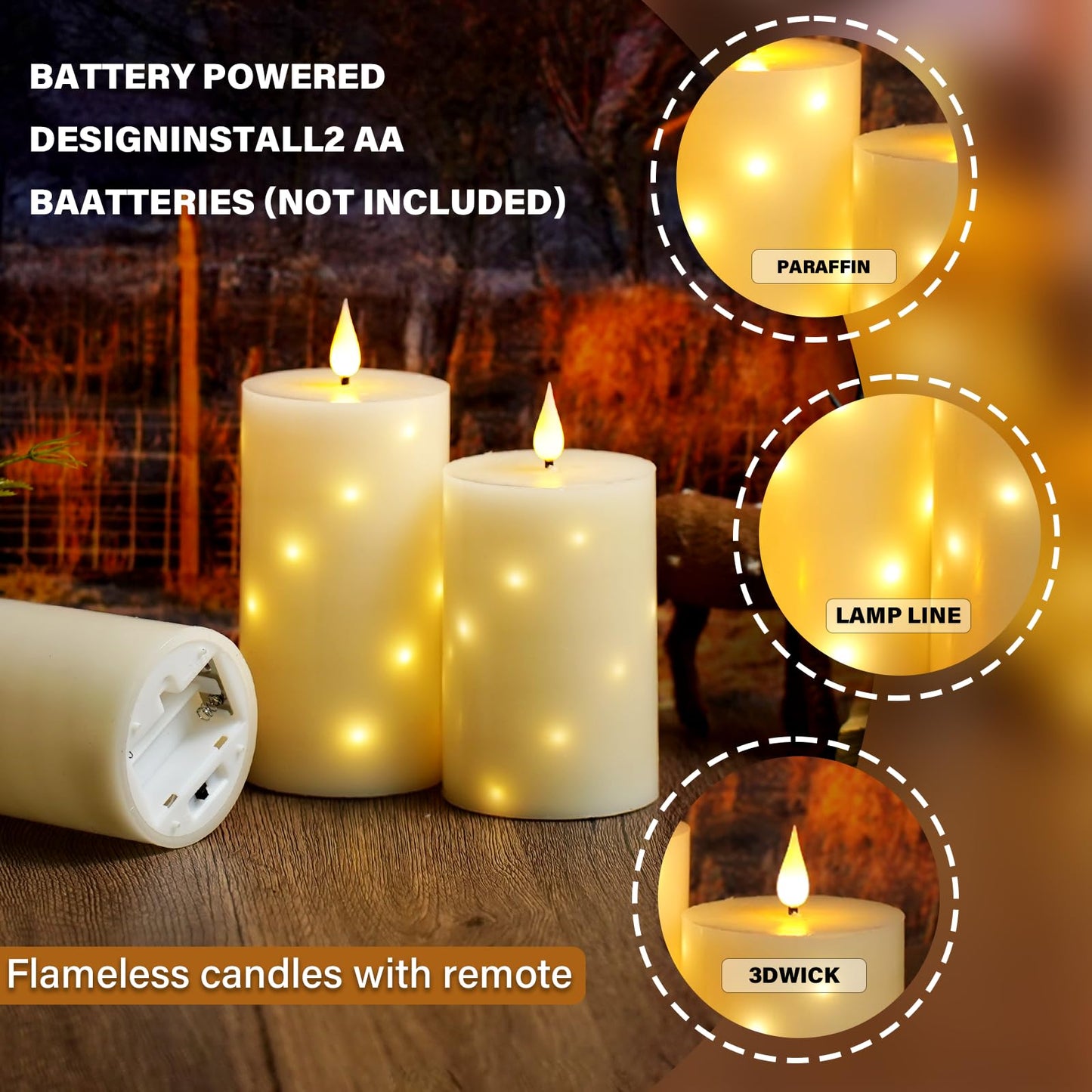 JINYANIA Flameless Candles with Embedded Star String, Real Wax Battery Operated Candles with Remote Timer, Flickering Pillar LED Candle Set for Home Decor Romantic Ambiance （Ivory）