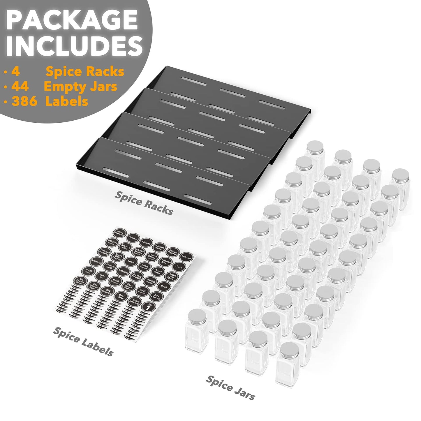 SpaceAid Spice Drawer Organizer with 28 Spice Jars, 386 Spice Labels, 4 Tier Seasoning Rack Tray Insert for Kitchen Drawers, 13" Wide x 17.5" Deep