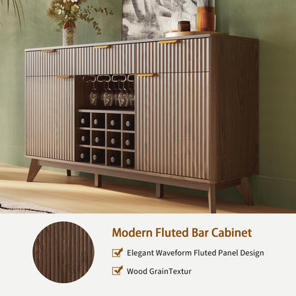 60" Wide Fluted Wine Bar Cabinet with Storage, Modern Buffet Sideboard with 2 Side Cabinets, 3 Drawers, Liquor Rack and Glass Holder, Adjustable Shelves, Alcohol Indoor Bars for Kitchen, Living Room
