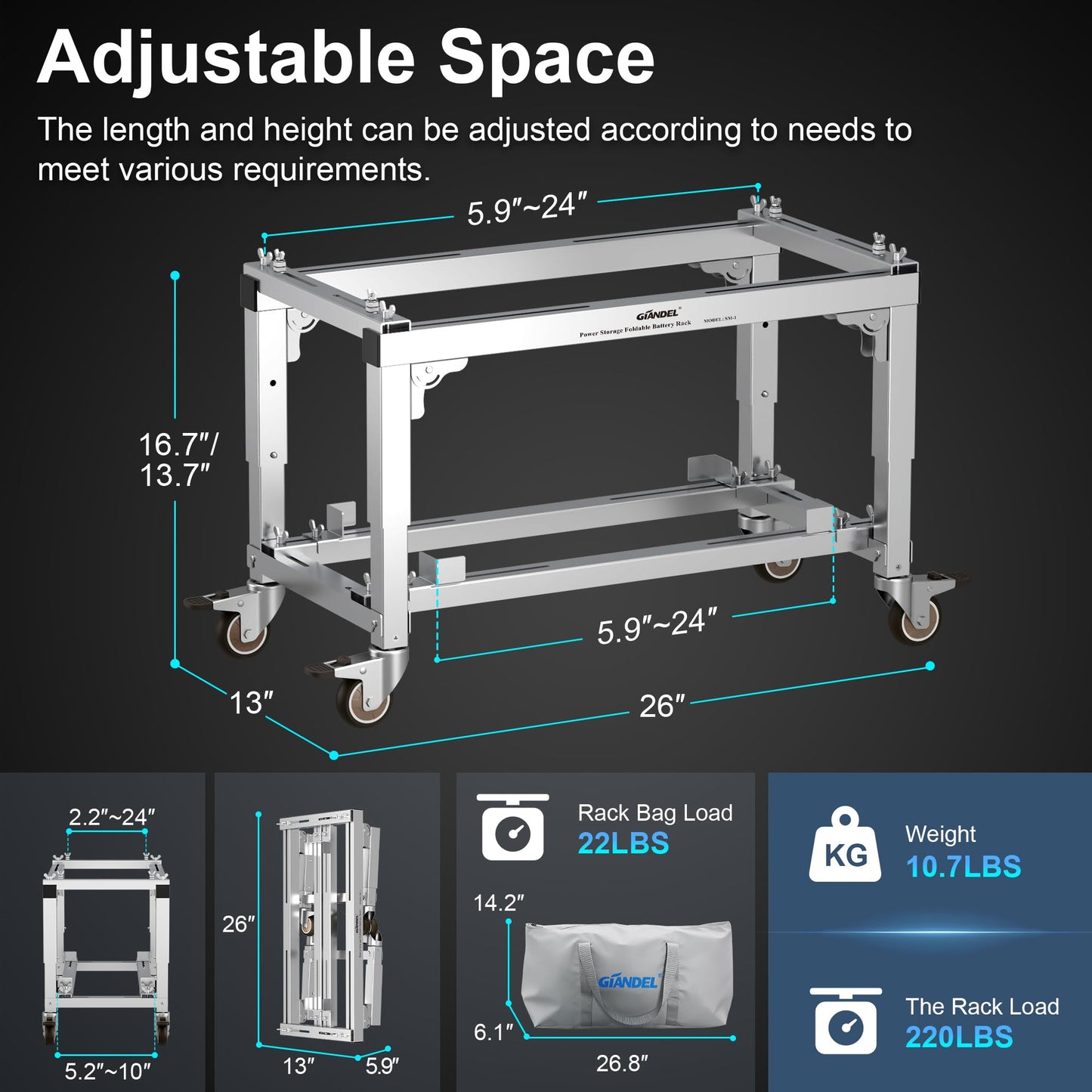 GIANDEL Foldable Battery Storage Rack,Patented for 100-200AH Battery Storage,High End Aluminum Alloy,with Four Wheels,for Portable Energy Storage System Kit, Used for Camping, RV, Road Travel