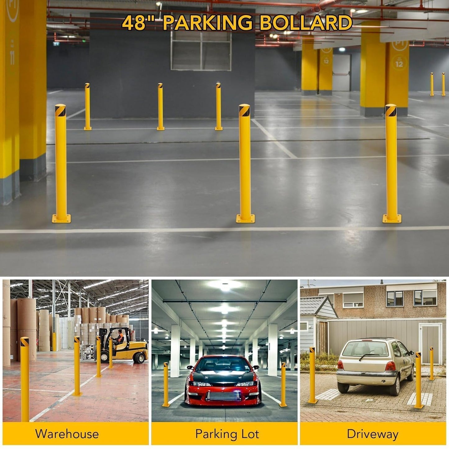 6Pcs Yellow Safety Bollards 48-Inch Steel Traffic Control Posts, 4.5-Inch Diameter with 24 Anchor Bolts, for Driveway Barriers and Parking Solutions