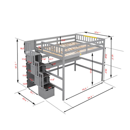 Bellemave Full Size Loft Bed with Desk and Storage Shelves,Wood Loft Bed Frame with Storage Staircase,High Loft Bed Full for Kids,Teens, Adults,Grey