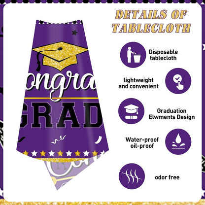 Graduation Tablecloth Party Decorations, 3 Pack Class of 2026 Congrats Grad Purple Graduation Party Tablecover Rectangle Plastic Table Cloth Disposable Table Covers Party Supplies, Large Size 54"x108"