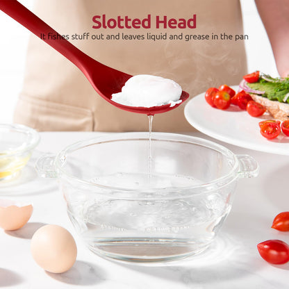 600ºF Heat Resistant Silicone Spoons: U-Taste 13.3in Solid & Slotted Kitchen Cooking Spoon, Nonstick Long Rubber Utensil, Sturdy for Mixing, Serving, Stirring, Frying, Draining (Red, 2PCS)