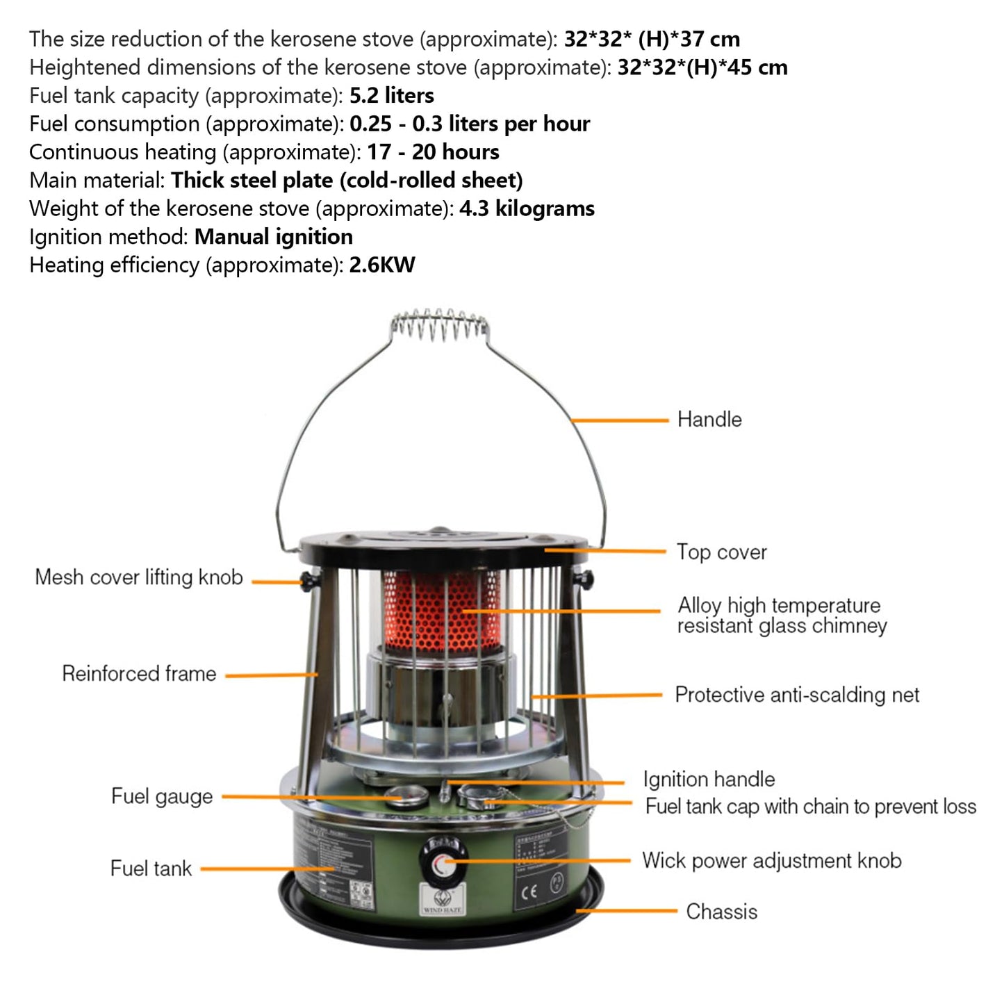 MOTOULAX Portable Kerosene Heater, Adjustable Height 5.2L Tank 20-25 Hours Heat 2.6KW Output for Garage Camping Emergency, with Safety Net and Accessories (Black)