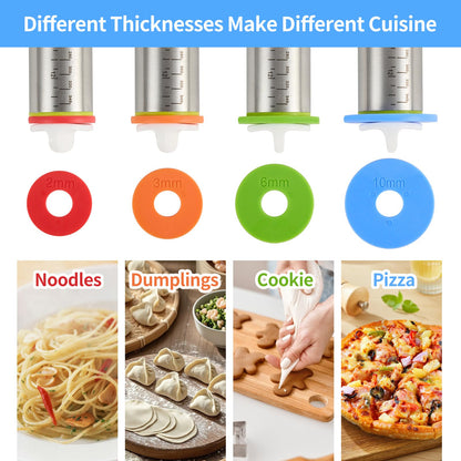Adjustable Rolling Pin for Baking, with Thickness Rings Stainless Steel Dough Roller Pins for Pasta, Pizza, Pie Crust, Pastry and Cookie Making