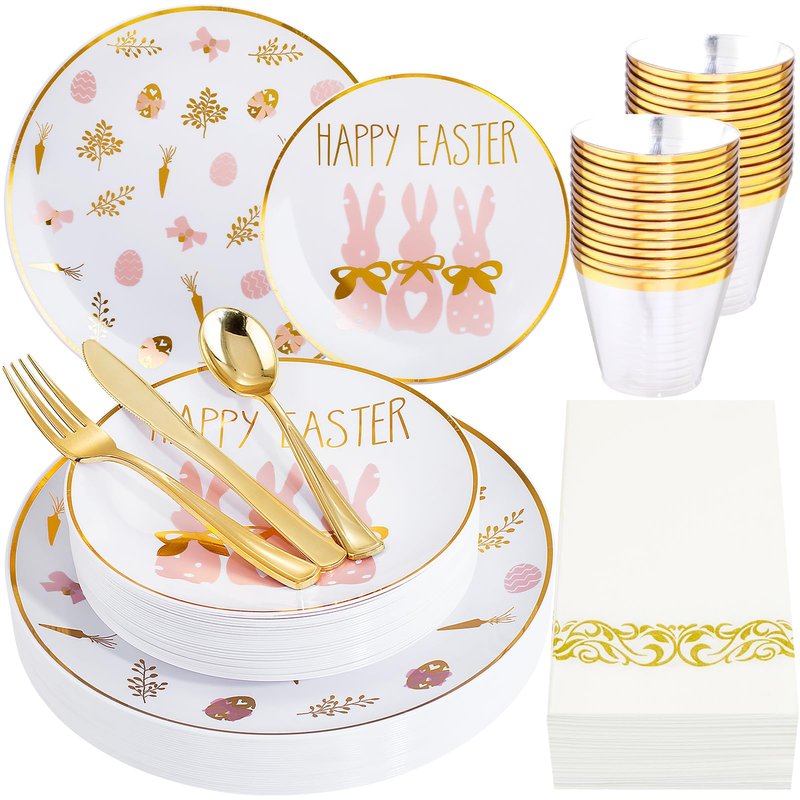 Morejoy 175pcs Easter Plastic Plates,Bunny Plates,Easter White & Pink Plates Disposable include 25Dinner Plates,25 Salad Plates,25 Cups,25 Forks,25 Knives,25 Spoons,25 Napkins Perfect for Party