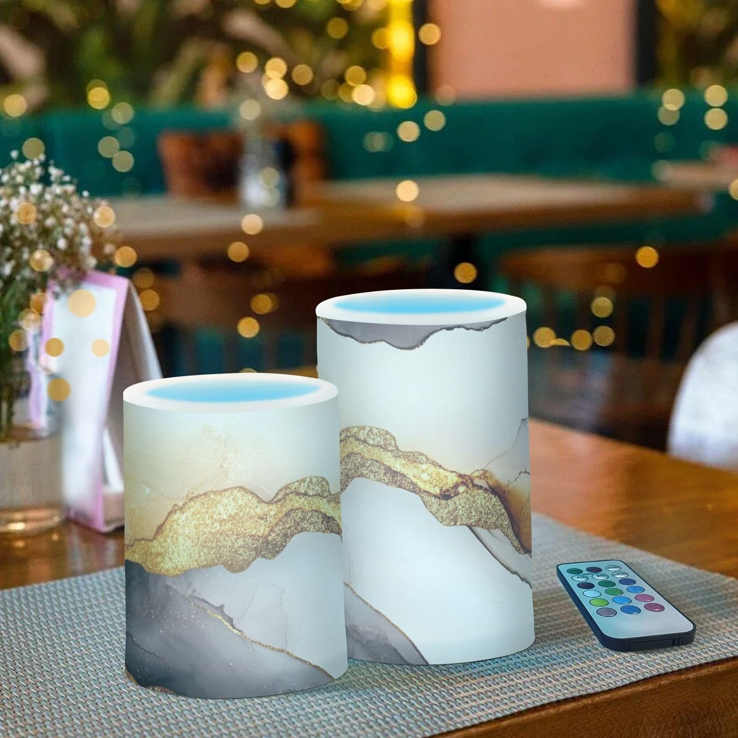 famyily Marble White Brown Flameless Pillar Candle Flameless Candle Lantern with Color Changing for Centerpiece 4" 5" Set of 2
