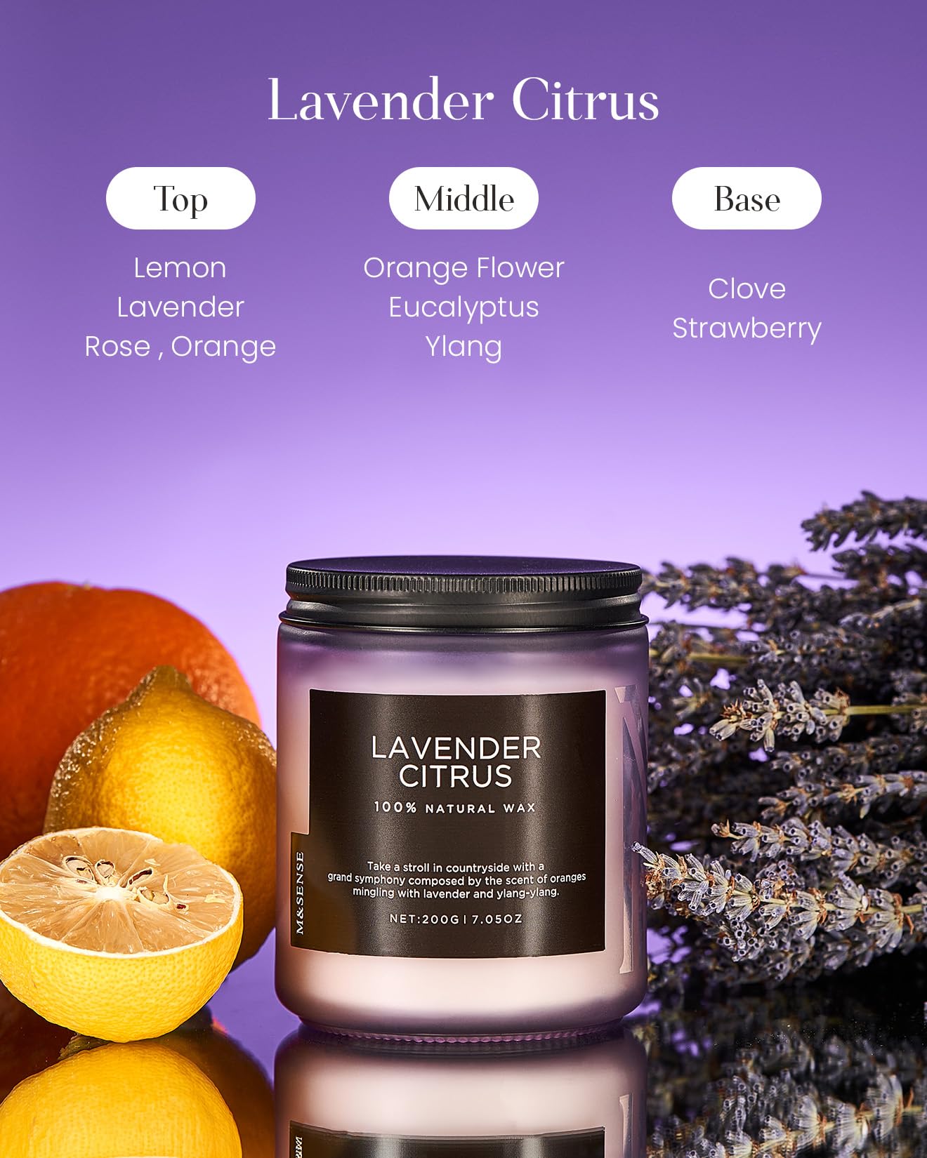M&SENSE Lavender Citrus Scented Candles, 7.05oz Organic Soy Wax, 50 Hours Clean Burn, Non Toxic Candles for Home, Stress Relief Aromatherapy for Spa Housewarming Gift for Women Men