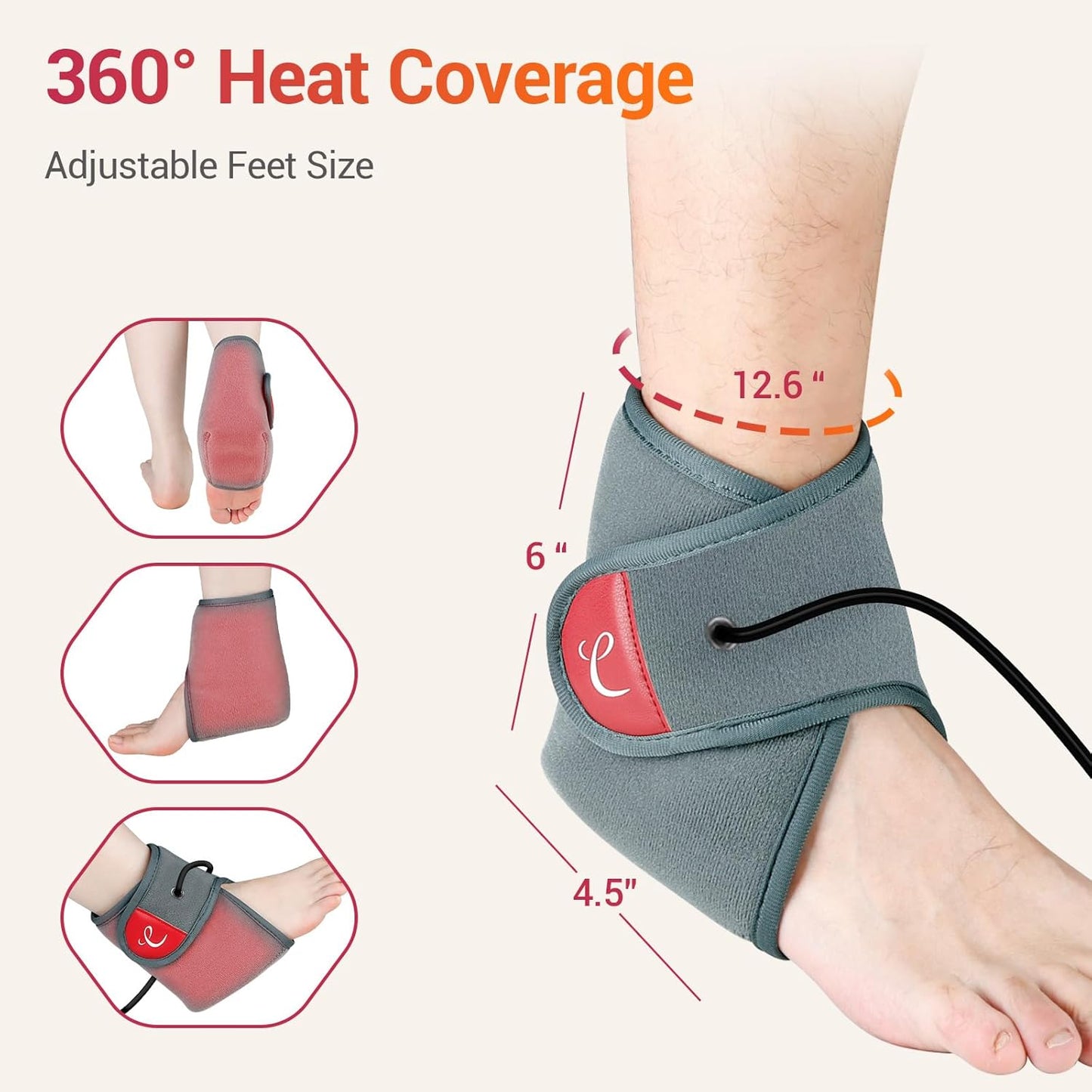 Comfytemp USB Wearable Heating Pad for Ankle and Feet With 3 Heat and Time Settings, Electric Heated Wrap for Achilles Tendonitis, Sprained Ankle, Heel Pain Relief, Plantar Fasciitis