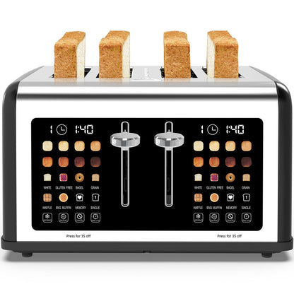 4 Slice Toaster Touch Screen, Stainless Steel Toasters Digital Timer, Dual Control Panel Toasters, 8 Shade Settings 6 Bread Types for Bagel, Cancel, Defrost 1650W Black