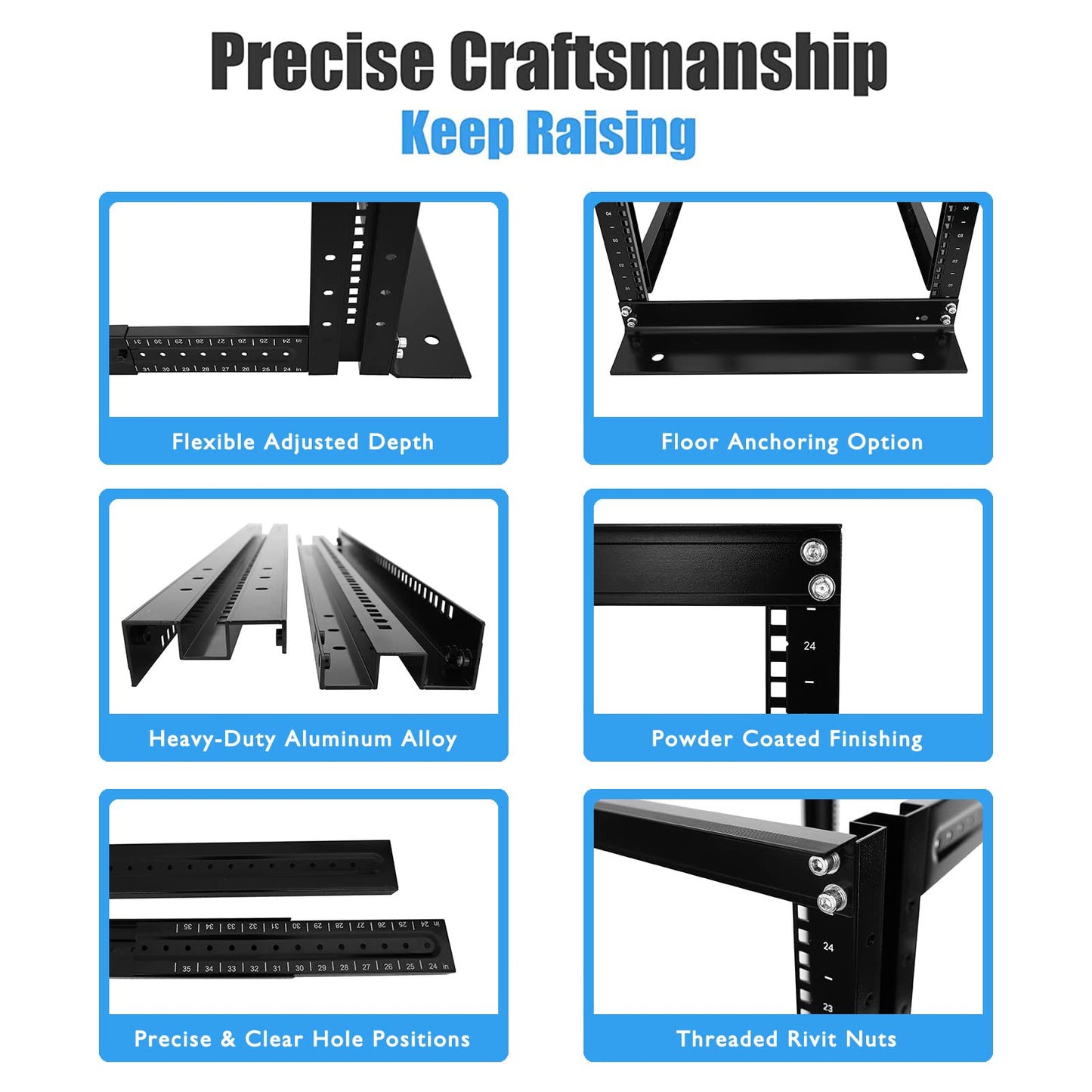 Raising Electronics Server Rack 4 Post Open Rack Frame Rack Enclosure 19 Inch Adjustable Depth Cold Rolled Steel（15U,36 Inch Height）