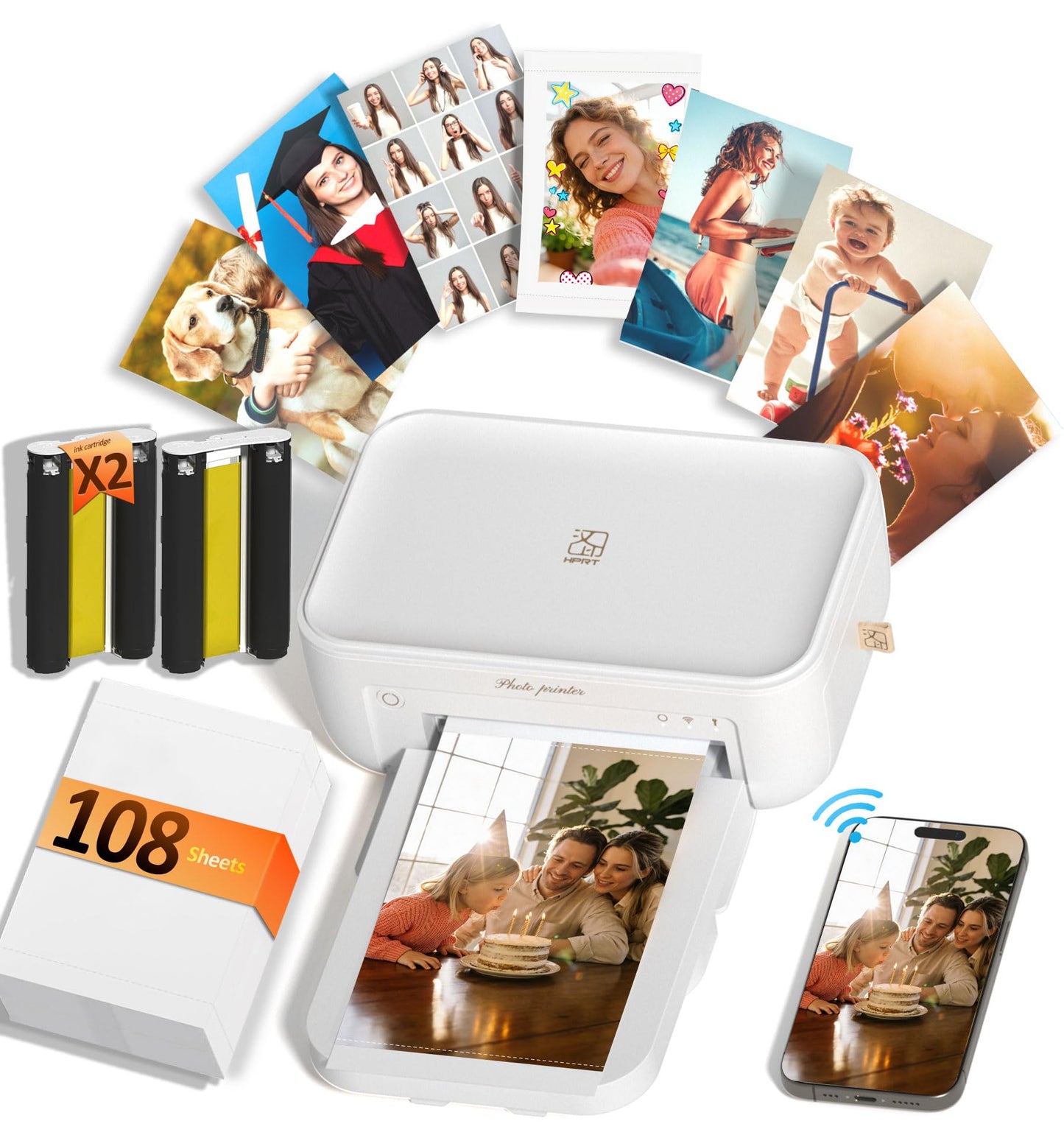 HPRT CP4100 4x6 Photo Printer with 108 Sheets & 2 Ribbons, Full-Color Thermal Dye Sublimation Wi-Fi Printing, Portable Instant Picture Printer for iPhone/Android, AR Video, Fun App, Home Use, White