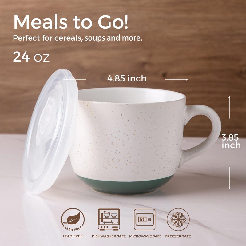 AmorArc Ceramic Soup Mugs with Lid, 32 oz Large Soup Cups with Hanlde for Coffee, Cereal, Salad, Noodles, Tea, Soup Bowls Cups, Microwave&Dishwasher Safe, Set of 2 (Purple & Green, 32oz - Set of 2)