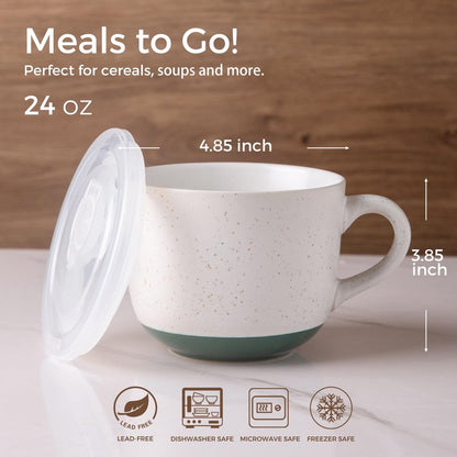 AmorArc Ceramic Soup Mugs with Lid, 32 oz Large Soup Cups with Hanlde for Coffee, Cereal, Salad, Noodles, Tea, Soup Bowls Cups, Microwave&Dishwasher Safe, Set of 2 (Purple & Green, 32oz - Set of 2)