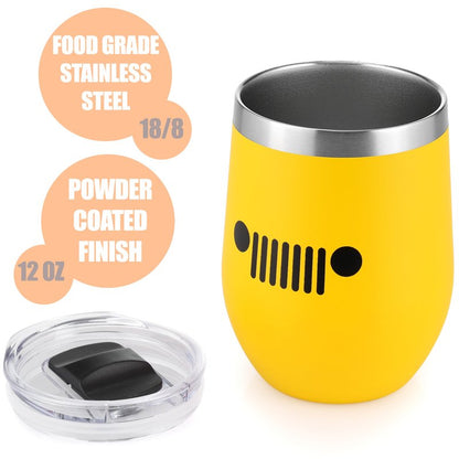 Jeep Insulated Wine Tumbler 12 oz - Double Wall Stainless Steel Thermal Tumbler with Copper Vacuum Insulation, Push-On Lid (Yellow)