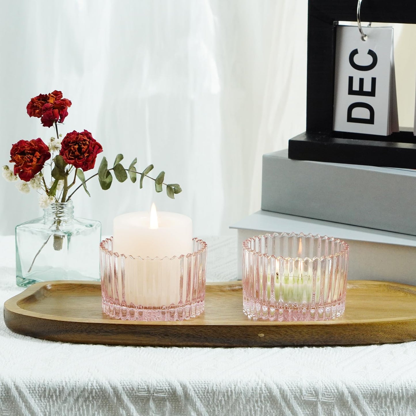 Jollyhilan 6 Pack Glass Candle Holder,Round Glass Candle Tray Ribbed Tealight Holders for Votives, Floating Candles Table Centerpieces Wedding Home Decor,Pink