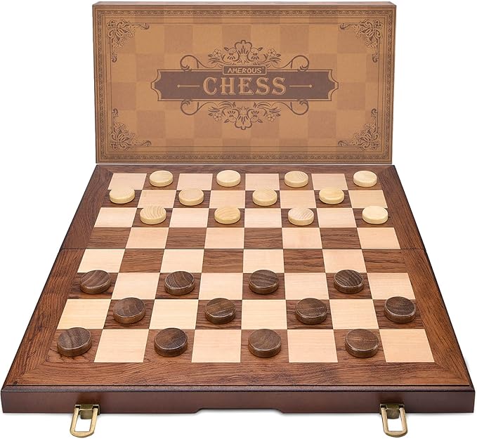 AMEROUS Wooden Chess &amp Checkers Set with Upgraded Weighted Chess Pieces 15 Inches (2 in 1) Chess Board Games for Kids Adults w/ 2 Extra Queens / 24 Cherkers Pieces/Gift Package