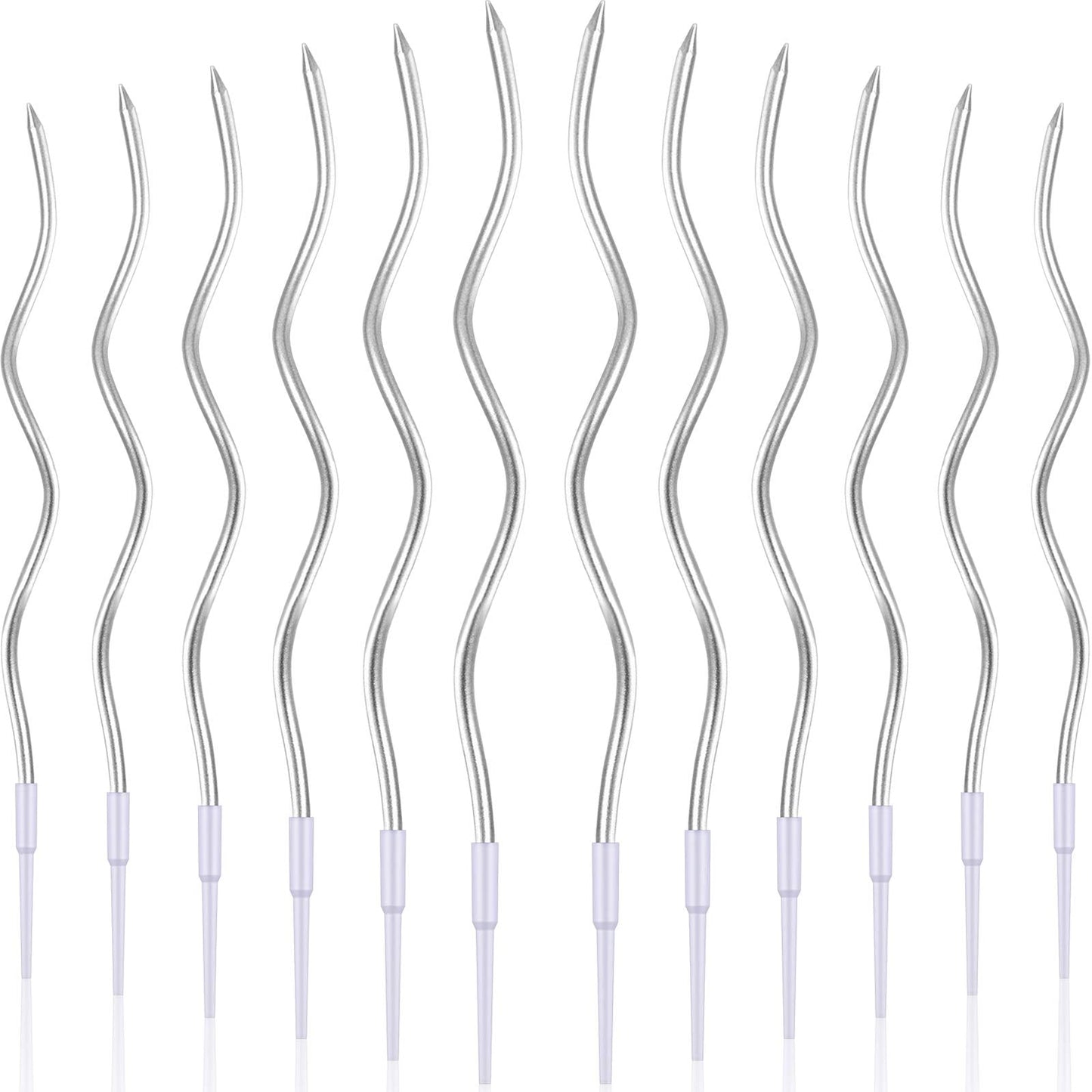 BBTO 12 Pcs Twisted Birthday Candles Spiral Metallic Cupcake Thin Long Cake Candles with Holders for Birthday Wedding Party(Silver)