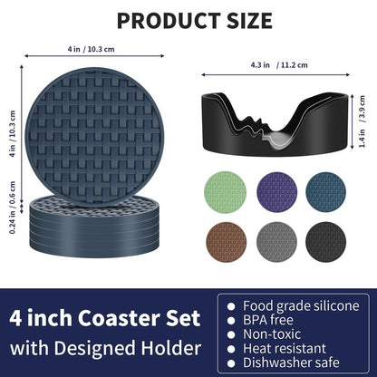 4 Inch Blue Silicone Coasters for Drink Set of 6, Heat-Resistant Waterproof Non-Slip Cup Mats, Round Table Protectors for Coffee Mugs & Beverage Cups, Ideal for Home Kitchen Office Use