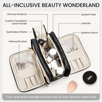 Travel Makeup Bag Women's Large Capacity Cosmetic Portable Organizer Large Opening Waterproof Storage Toiletry Bags Vertical Free-Standing Brush Holder for Easy Access Black