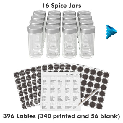 Revolving Spice Rack Set with 20 Spice Jars, Kitchen Spice Tower Organizer for Countertop or Cabinet -- Carousel Storage Includes 386 Spice Labels -- Desktop Rotating Seasoning Organizer
