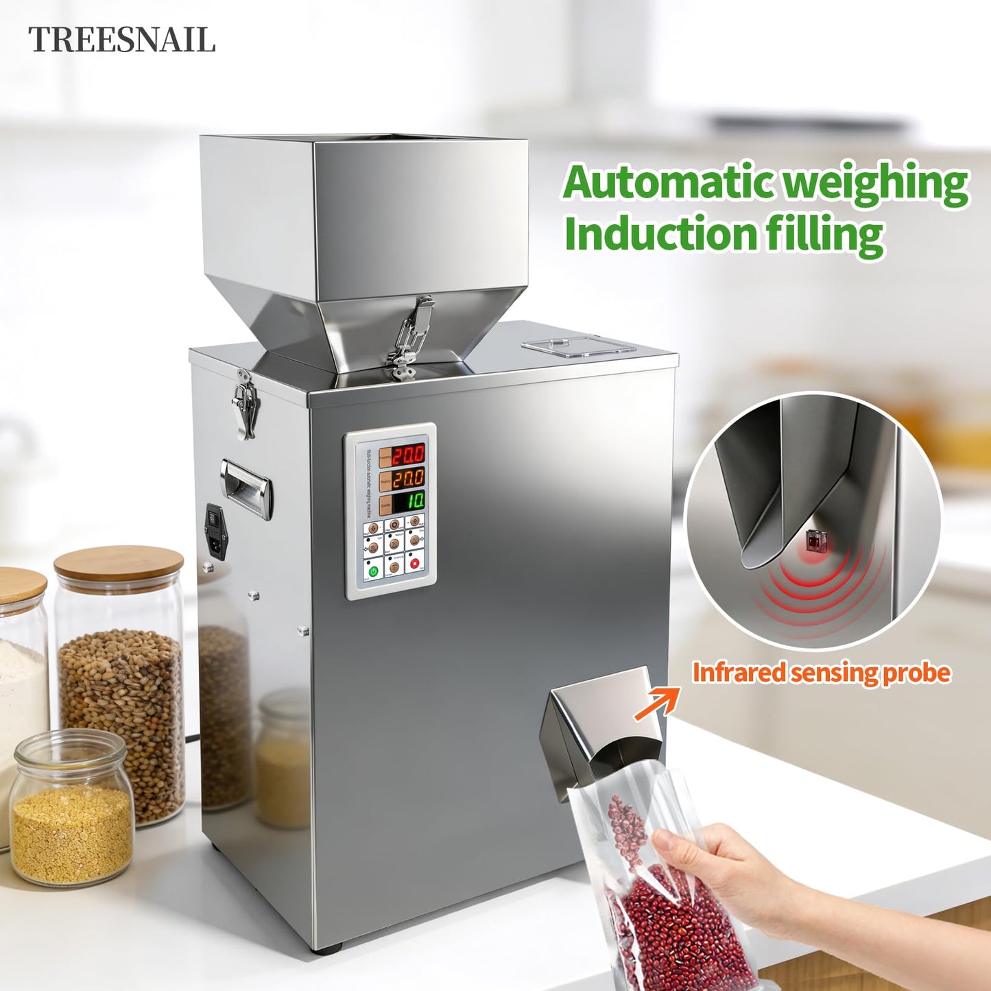 TREESNAIL 5-500g (0.011-1.1lbs) Powder Filling Machine, Automatic Intelligent Particle Weighing & Dispensing Filler for Tea, Coffee, Flour, Spices, Granules, 10-12 Packs/Min, 110V