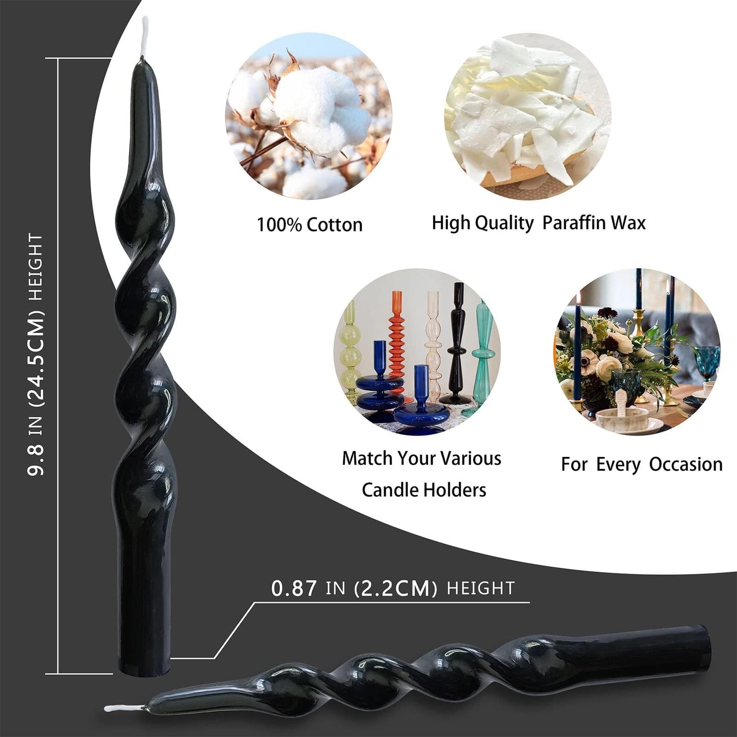10 Inch Spiral Candles Set of 2 – Unscented Candle Stick, Black Handmade Tapered Candle Long Burning Twisted Candles for Wedding Dinner Table Home Decor