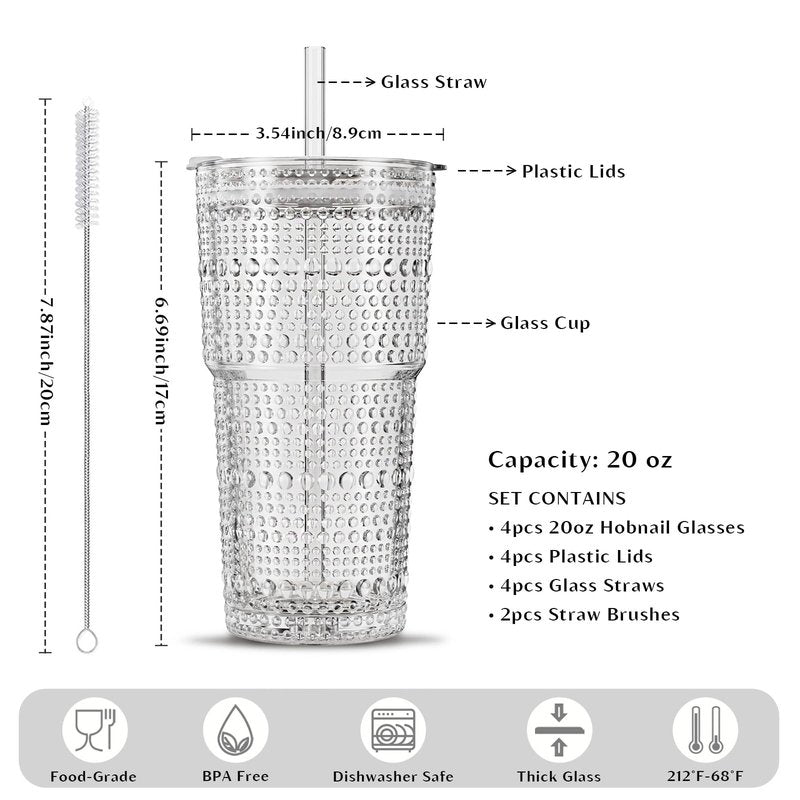 INSETLAN 20oz Hobnail Glass Cups with Lids and Glass Straws – 4 Pieces, Thick-Walled Glass Tumblers for Iced Coffee, Smoothies, Milk, Water, Juice, and More – Elegant and Durable Drinking Glasses
