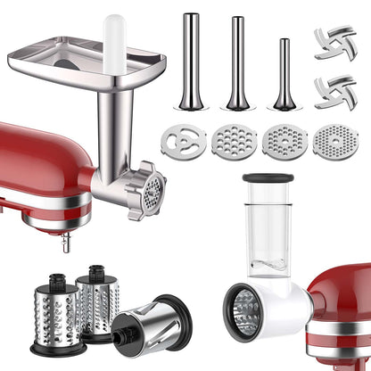 Meat Grinder & Slicer Shredder Attachments for KitchenAid Stand Mixer, Meat Grinder with Sausage Stuffer Tubes and Slicer Shredder Set, 2 Pcs Attachment Set for KitchenAid Mixers by Cofun