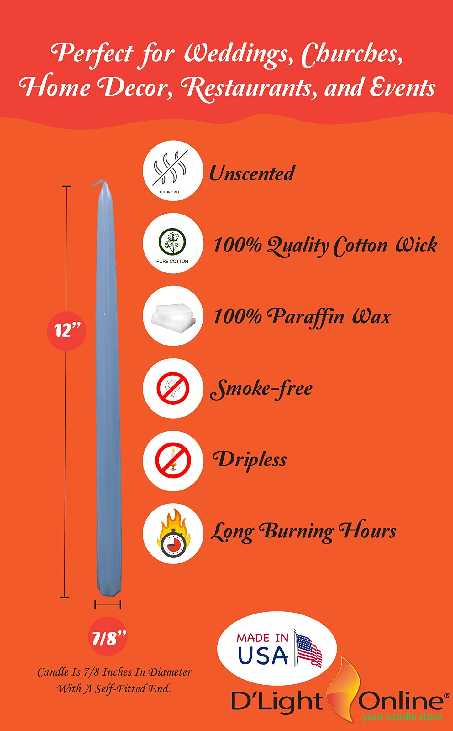 D'light Online Elegant Unscented Light Blue Taper Premium Quality Candles Hand-Dipped, Dripless and Smokeless - Set of 12 Individually Wrapped (12 Inch, Light Blue)