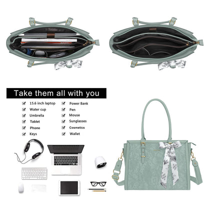 MOSISO Laptop Bag for Women, 15.6-16 inch PU Leather Tote Bag Compatible with MacBook, HP, Dell, Asus Notebook, Front Embossed Retro Hibiscus Computer Bags with Silk Scarf&Clutch Purse, Antique Green