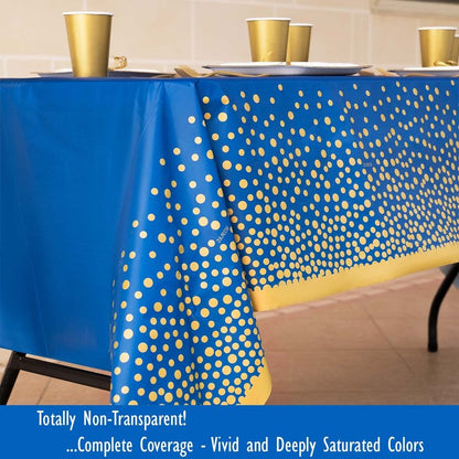 ZULADISE 2 Pack Premium Blue and Gold Plastic Tablecloths – Thick, Durable, Reusable Table Covers (54 x 108 in) – Disposable Party Tablecloths for Birthday, Graduation and Event Decorations