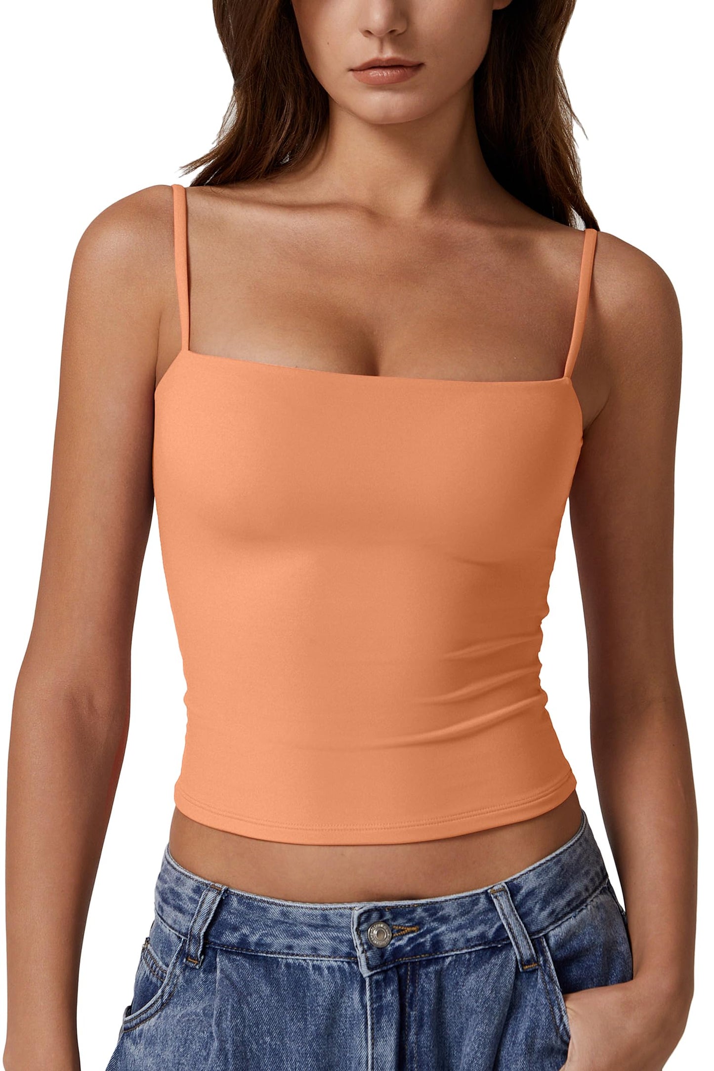 QINSEN Women Basic Spaghetti Straps Cami Shirt Summer Y2K Going Out Double Lined Sexy Tank Top Amber Yellow XS