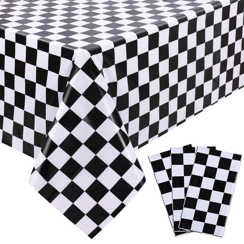 Kesfey 12 Packs Black and White Checkered Tablecloths 54 x 108 Inches Disposable Plastic Checkered Flag Racing Table Cover Waterproof Rectangle Race Car Table Cloth for Picnic Party Retro Celebration