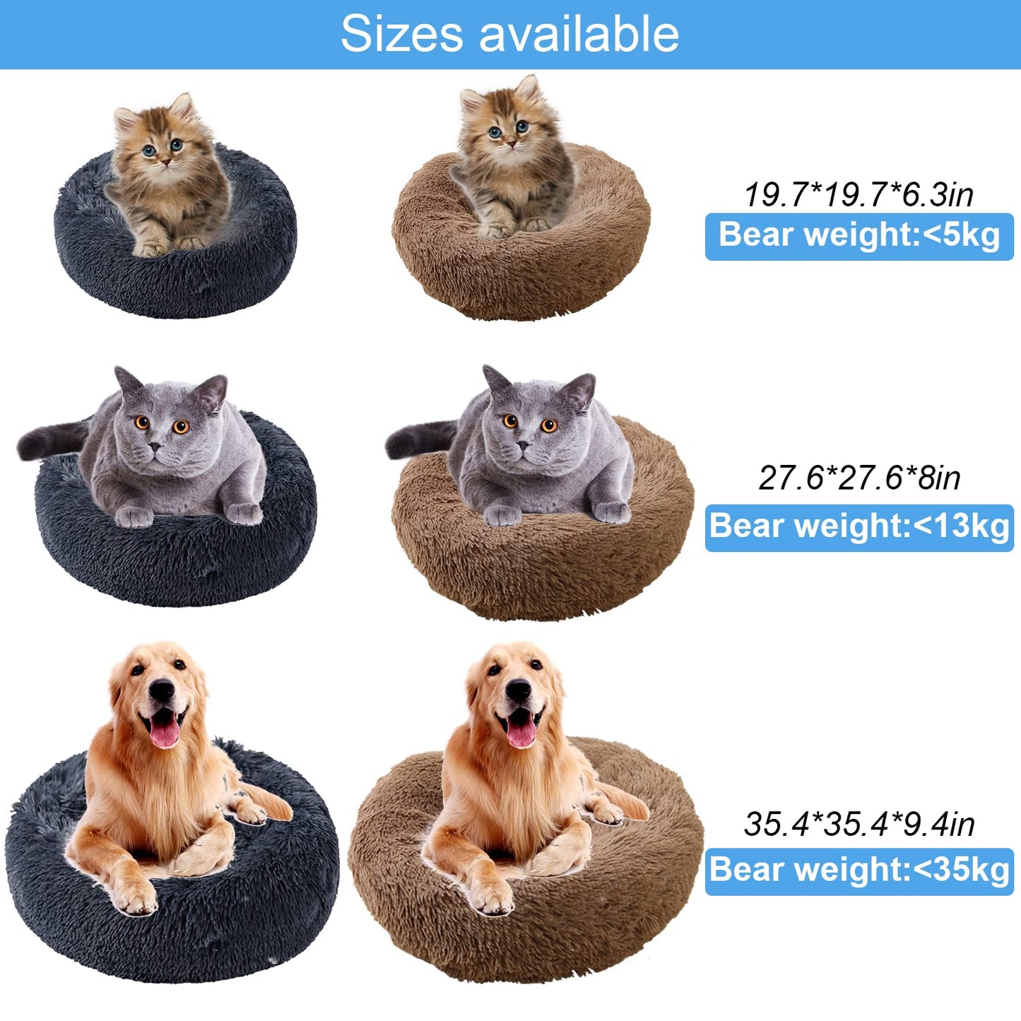 UUEMB 50cm Calming Dog Cat Bed, Plush Donut Pets Beds for Small Dogs Cats, Soft Puppy Kitten Cuddler Round Bed Cushion, Washable Warm Dog Beds for Improved Sleeping (Dark Grey)