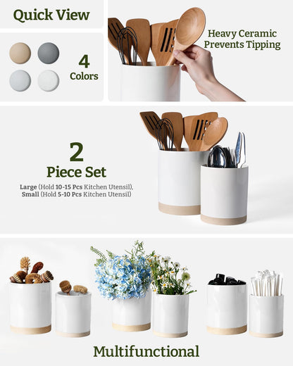 famiware Milkyway Kitchen Utensil Holder for Countertop, 7.2"+5.8" Ceramic Cooking Utensil Crocks for Counter, Utensil Organizer for Spatula & Spoon, Kitchen Decor, Set of 2, White