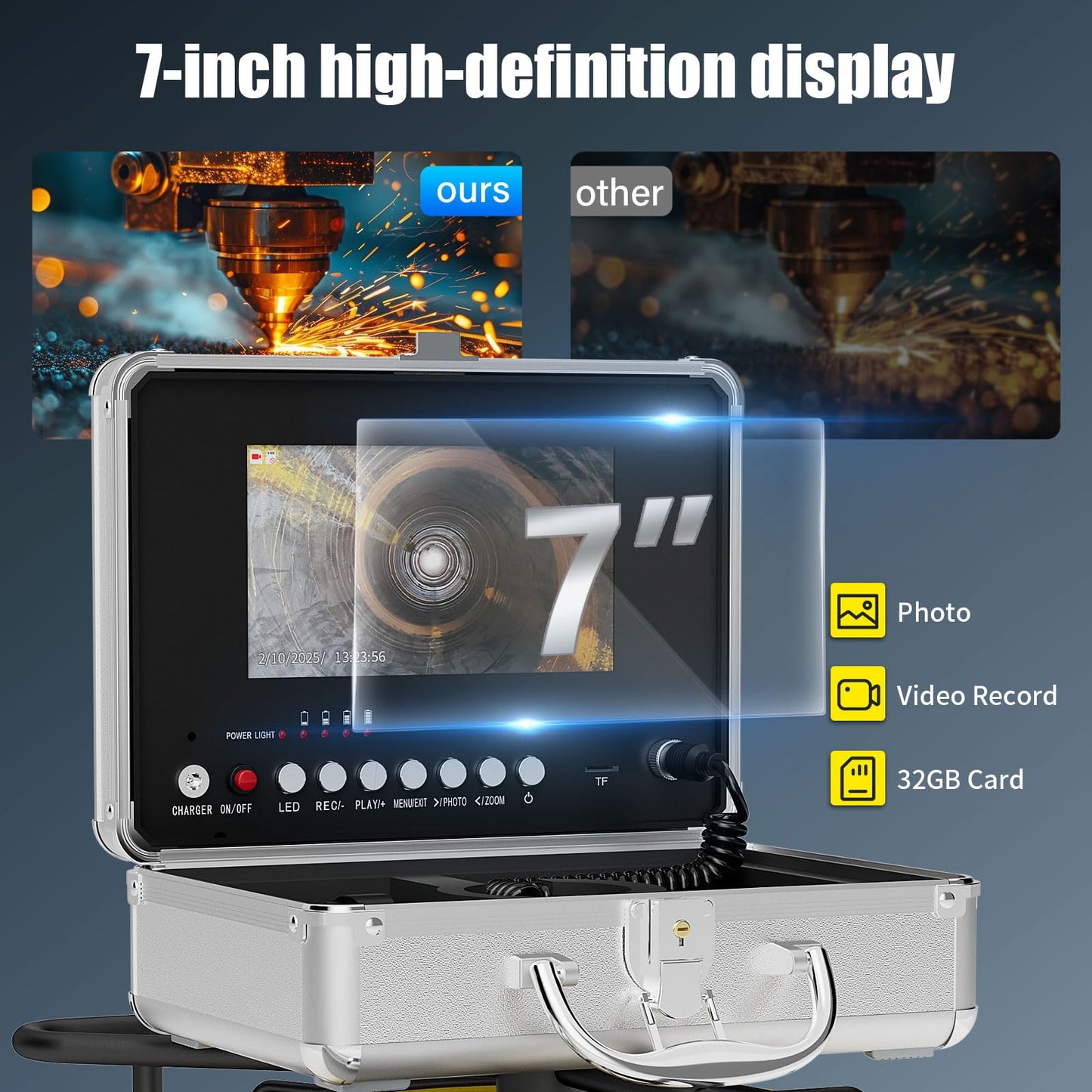EIXAUP Sewer Camera 100 ft, 17 MM Pipe Inspection Camera with 8 Pcs LED Lights, 7" 1080P HD Monitor with DVR Function, IP68 Waterproof, Meter Marker, Included 32GB Card(30 m)