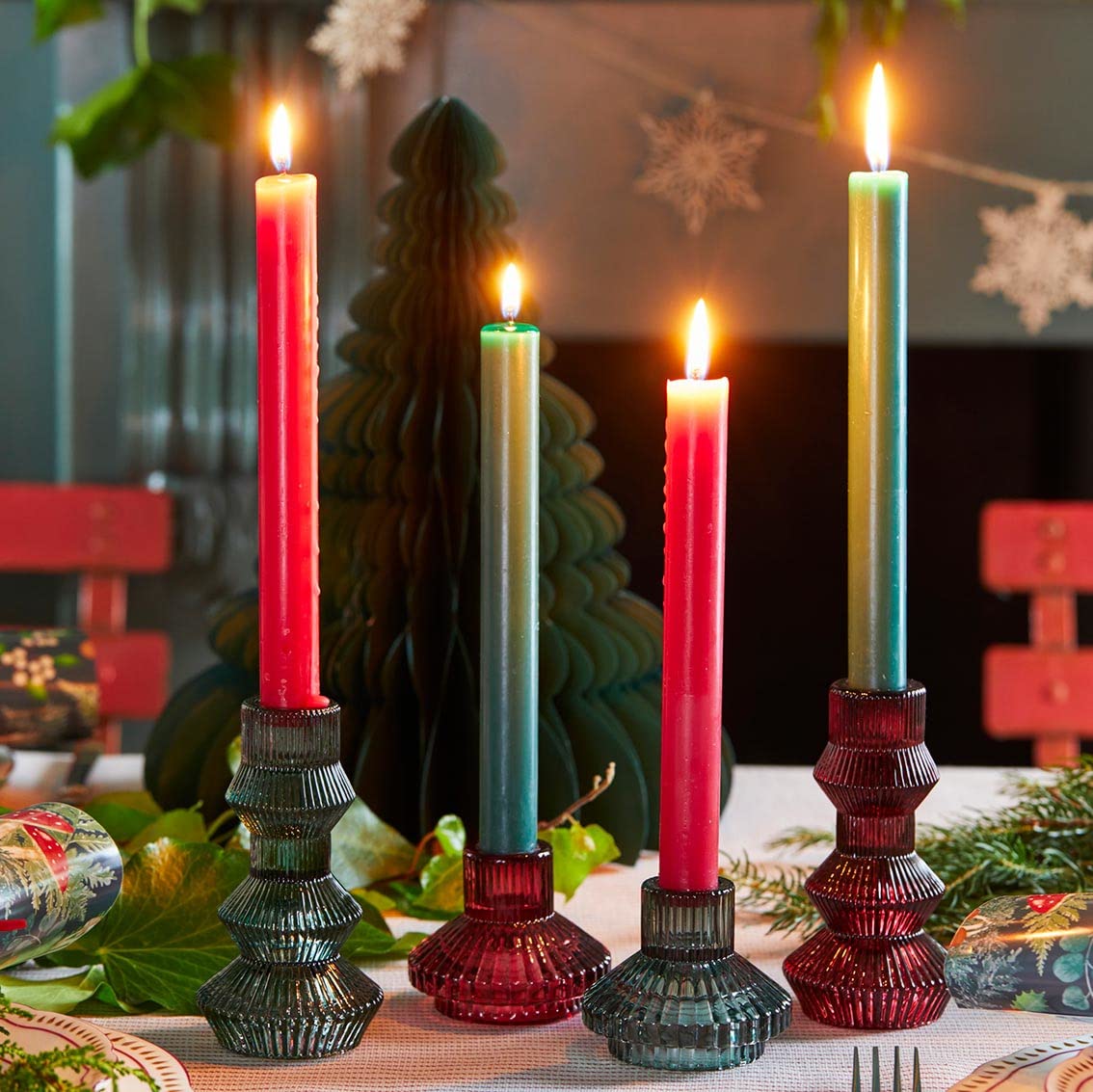 Talking Tables Sage Green Glass Candlestick Holder | Ribbed 3 Tier Taper Candle Stand for Christmas Table Decorations, Home Décor, Dinner Party, Birthday, Wedding, Large (Forest-Hold-Tall-GRN)