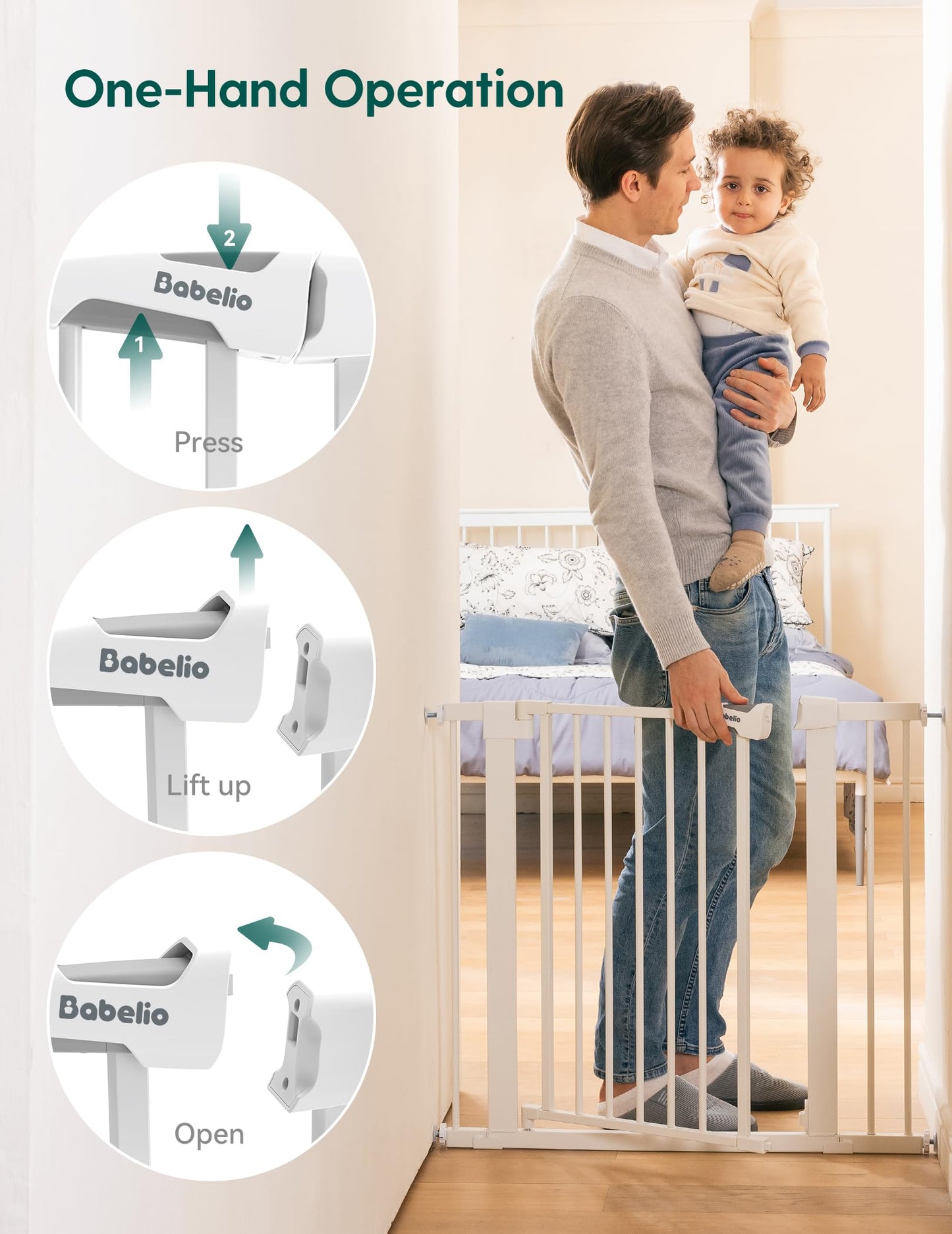 Babelio Metal Baby Gate, 29-48" Auto Close Easy Install Pet Gate, Extra Wide Walk Thru Child Safety Gate, Pressure Mounted Dog Gate for Doorways & Stairs, with Y Spindle Rods, White