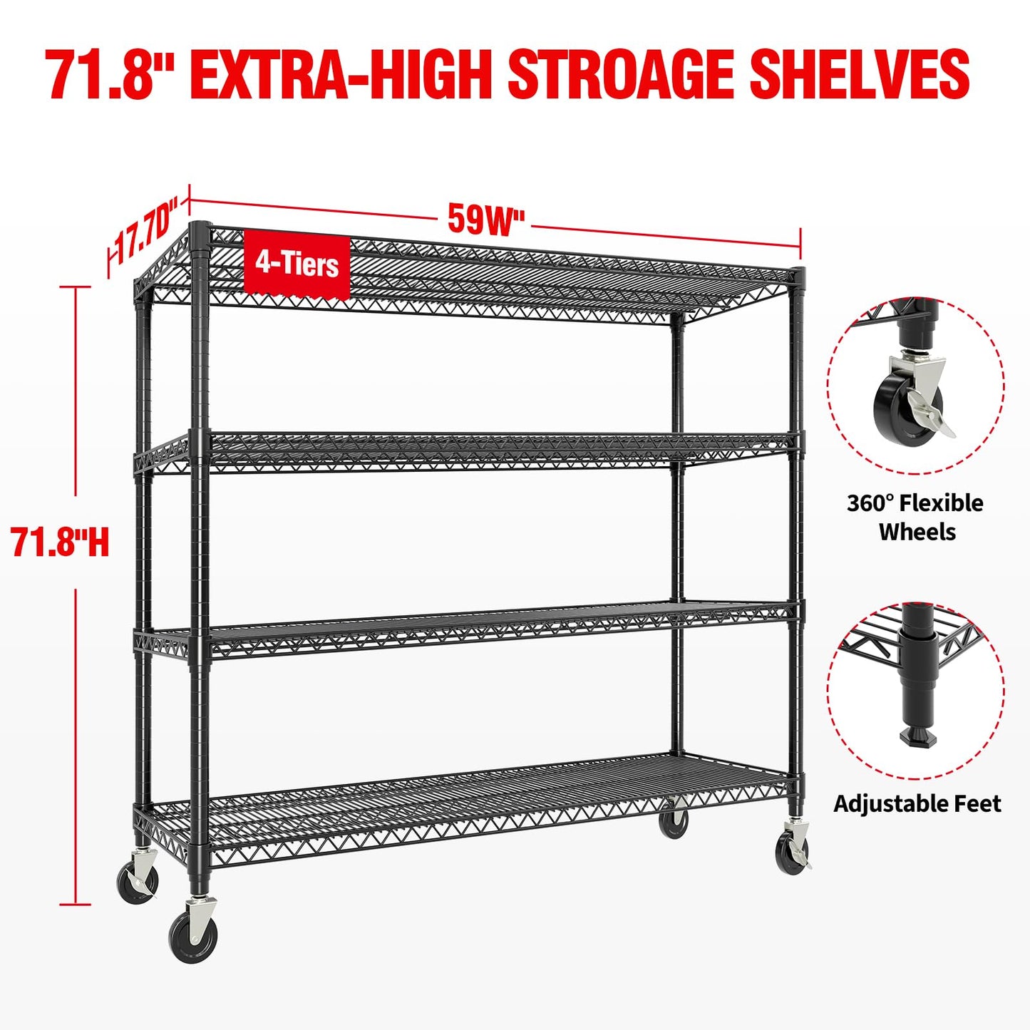 59"W Storage Shelves 2640LBS Heavy Duty Garage Shelving Units with Wheels, 4-Tiers Wire Shelving Rack Metal Storage Shelves with Adjustable Shelf, for Garage Pantry Kitchen Commercial Industrial