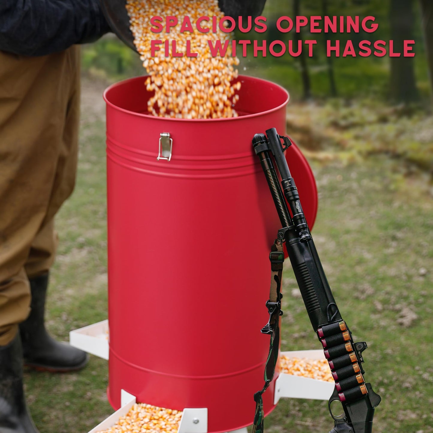 Solution4Patio 50-75 LB Large Metal Hunting Game Feeder, Heavy Duty Free Standing Deer Feeder, Portable Gravity Deer Feeder Automatic Dispenser, Weather-Proof (Red)