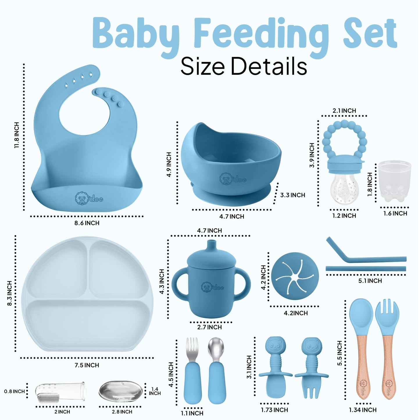 O'doe 17-Piece BPA-Free Silicone Baby Feeding Set | Thick & Soft Suction Plates, Baby Bowls, Wooden Fork & Spoon, and More | Make Mealtime Fun and Easy for Your Little One (Blue, V2)