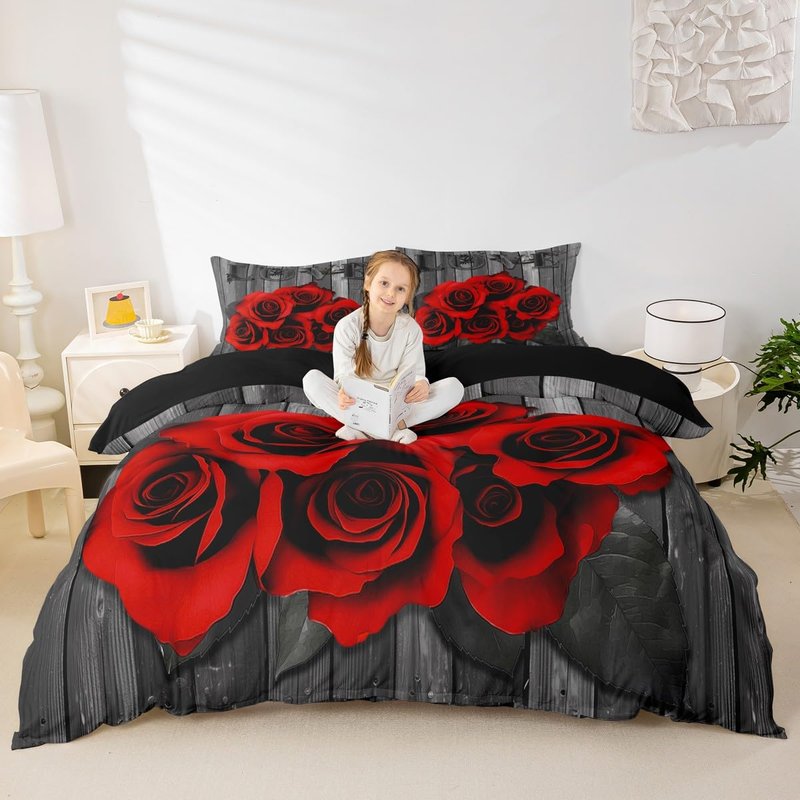 Erosebridal Red Rose Bedding Set King Red Black Valentine's Day Comforter Cover for Girls Women Men Couple,Romantic Floral Duvet Cover Rustic Farmhouse Bed Set with Zipper 2 Pillow Cases Grey