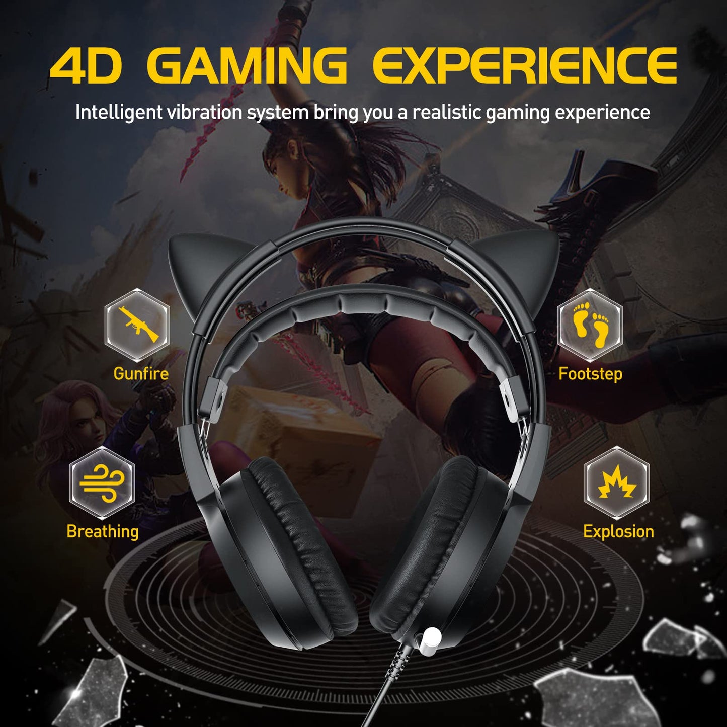 SOMIC G951black Gaming Headset for PC, PS4, Laptop: 7.1 Virtual Surround Sound Detachable Cat Ear Headphones LED, USB, Lightweight Self-Adjusting Over Ear Headphones Black