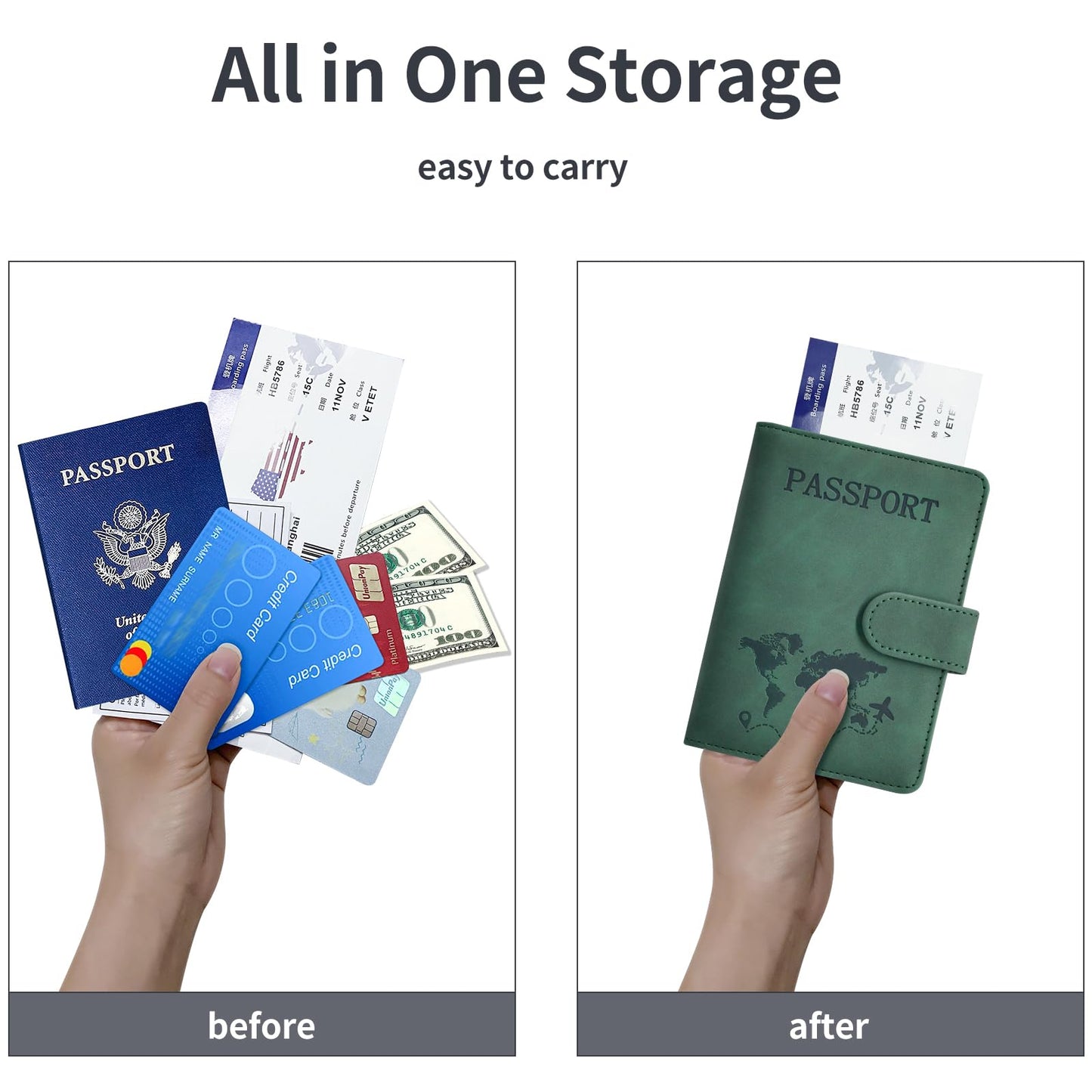 Passport Holder, Passport Cover with Credit Card Slot and Boarding Pass Slot Combo, Passport Wallet Case Book Travel Must Have, RFID Blocking Leather Travel Accessories, Green