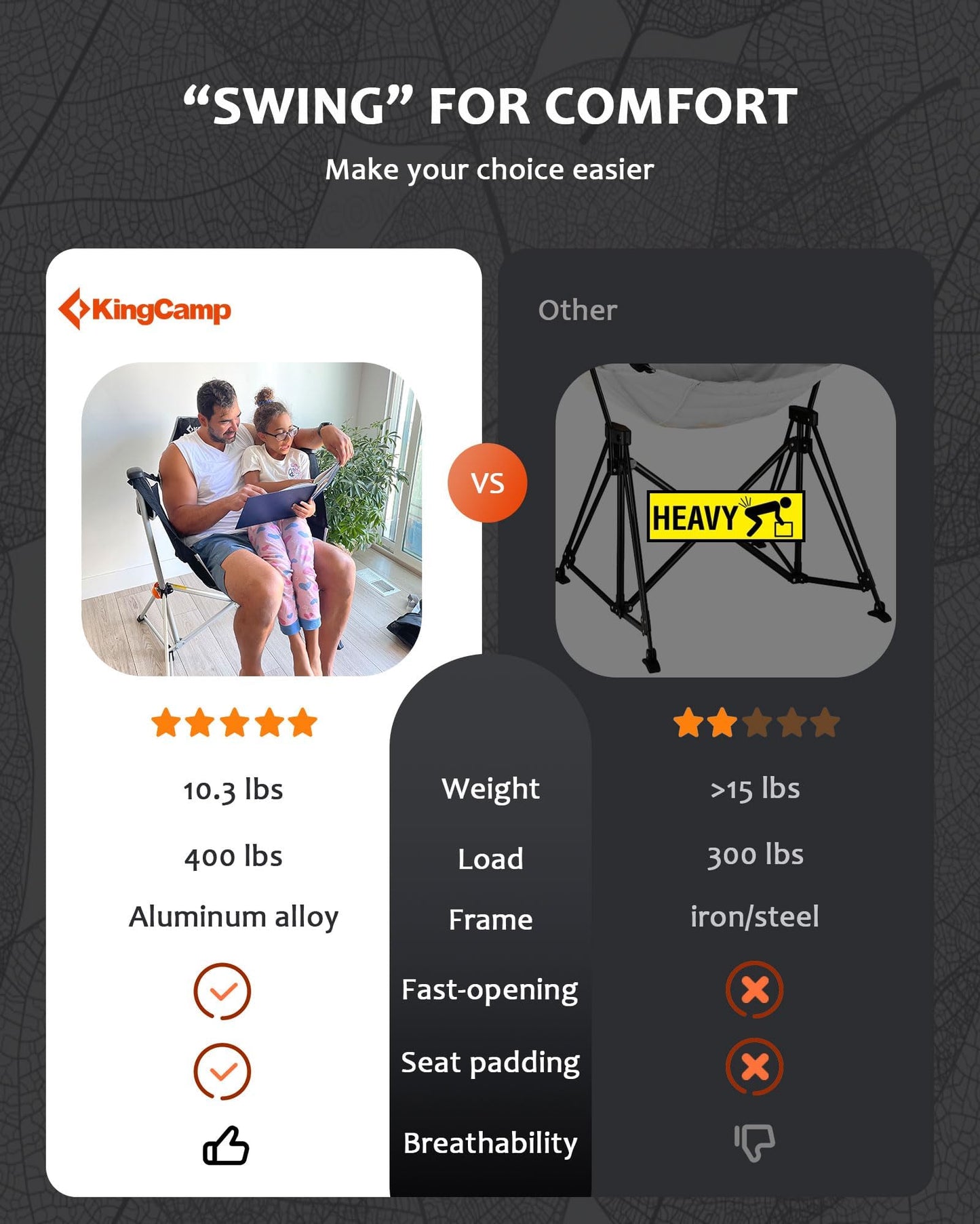 KingCamp Hammock Camping Chair, Swinging Portable Folding Camp Chairs for Adults 400lbs Heavy Duty Foldable Oversized Rocker with Aluminum Alloy Frame Cup Holder Pillow for Outdoor Beach Patio Sport
