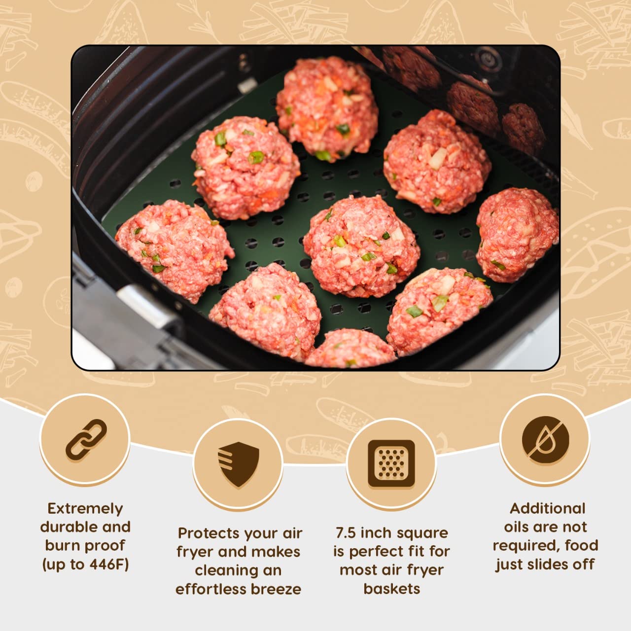 Reusable Square Silicone Air Fryer Liners (8.5 Inch, 3 Pack) by Linda’s Essentials - Non-Stick, Easy-Clean Accessories with Cheat Sheet & Recipe Book, Perfect for Quick Meals